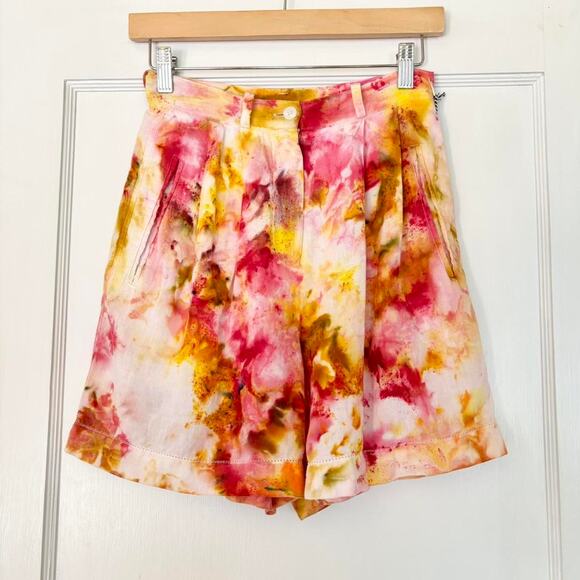 Chloe Cox Upcycled / Handmade Yellow and Pink Tie Dye Linen Shorts- Size XS / S - Picture 1 of 4